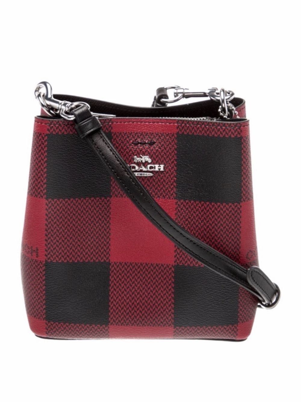 COACH C7267 Mini Town Bucket Bag in a red and black buffalo plaid print